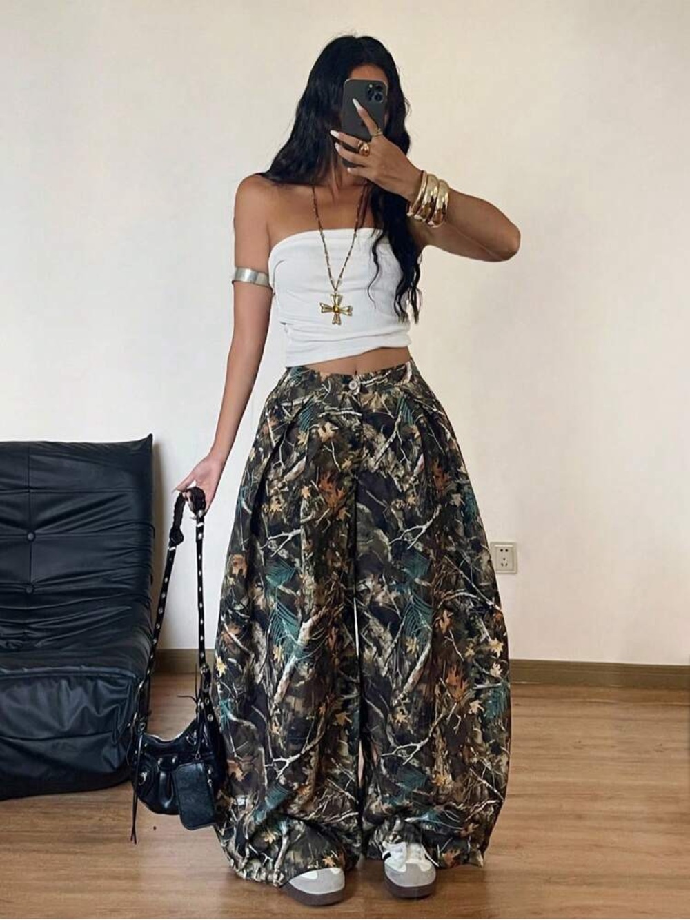Shein Wide Leg Pleated Camo Trousers XL
